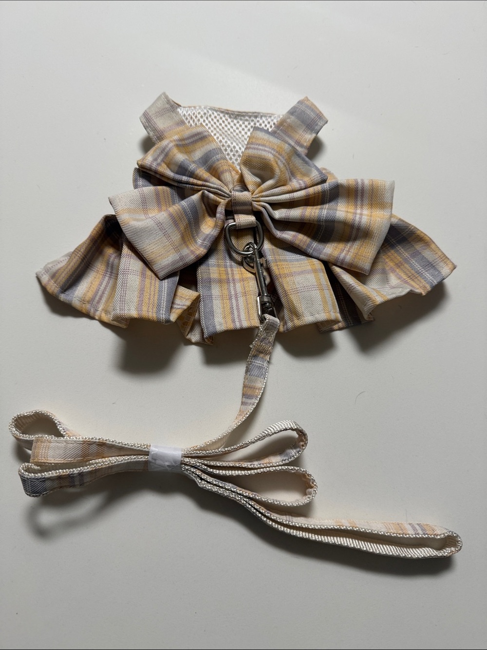 Plaid Yellow & Gray Bow Dog Harness dress and leash (Accessories)
